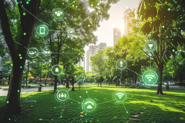 Un parco cittadino intelligente con sensori IoT che monitorano la qualità dell'aria, i livelli di rumore e l'utilizzo del parco.