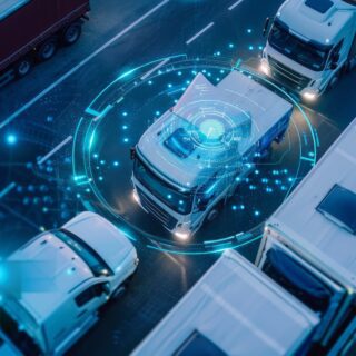 Ripresa dall'alto di un centro di gestione della flotta con veicoli tracciati e monitorati in tempo reale, evidenziando la logistica della flotta