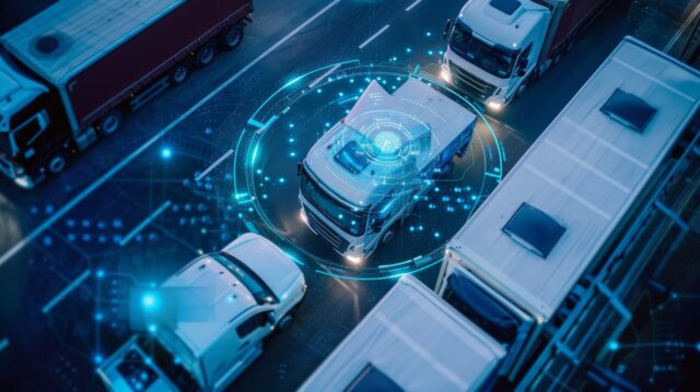 Ripresa dall'alto di un centro di gestione della flotta con veicoli tracciati e monitorati in tempo reale, evidenziando la logistica della flotta